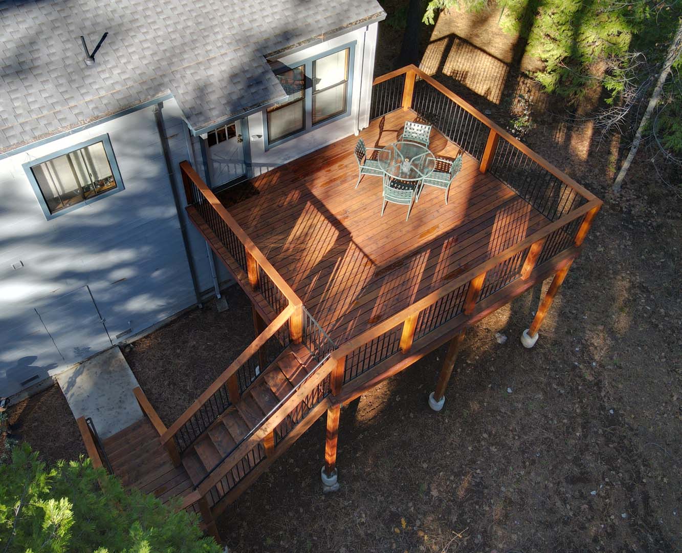 Aerial view of a deck built by BTN Construction in Arnold, CA